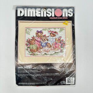 VTG Dimensions Counted Cross Stitch Kit Teddy Bear Tea Party Dawna Barton 1992